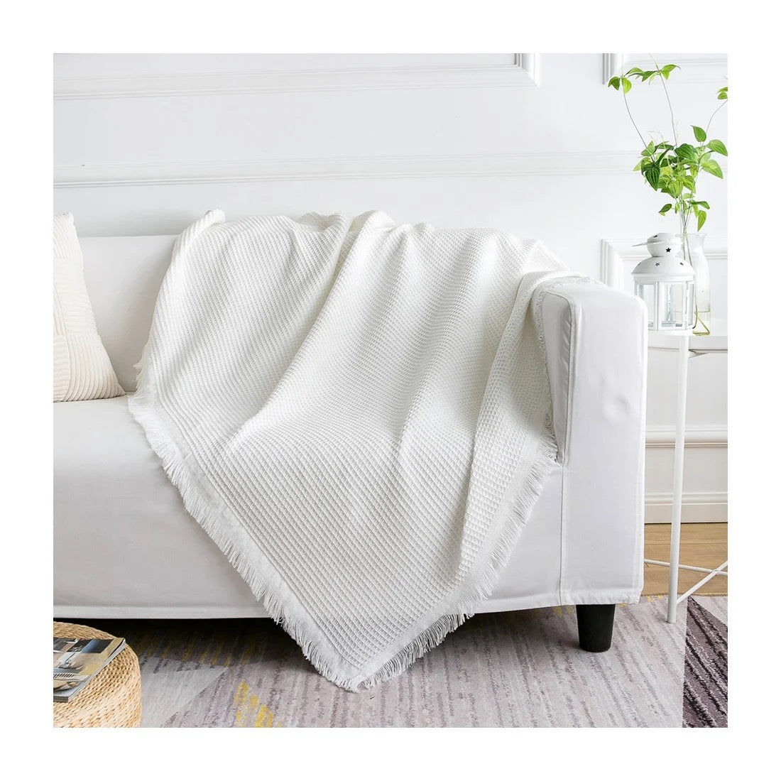 White Knitted Throw Blanket | Waffle Design