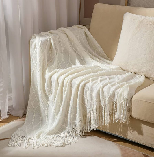 Geometric Acrylic Knitted Throw Blanket | Fringe-Knit Design