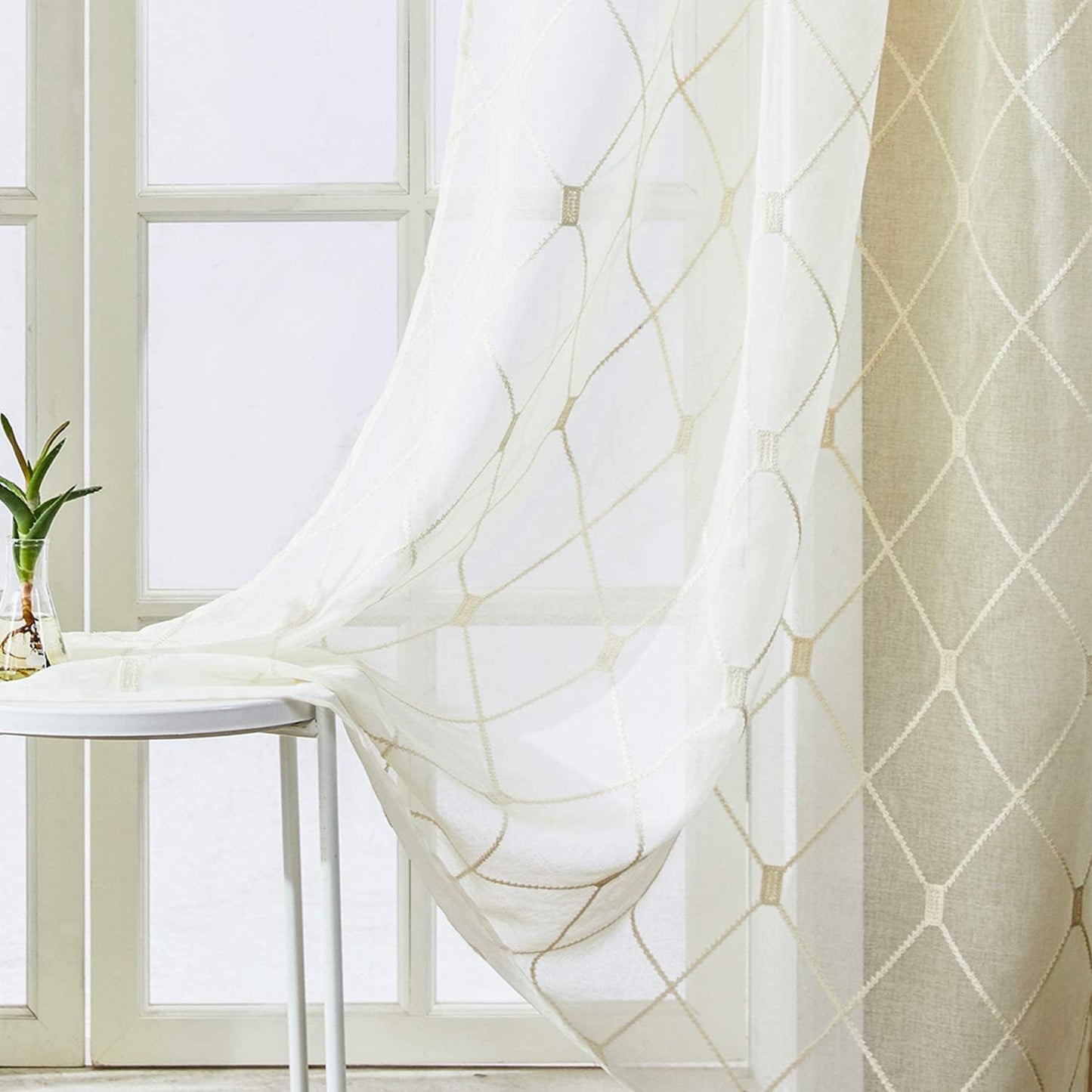 Embroidered Diamond Grommet Sheer Curtains