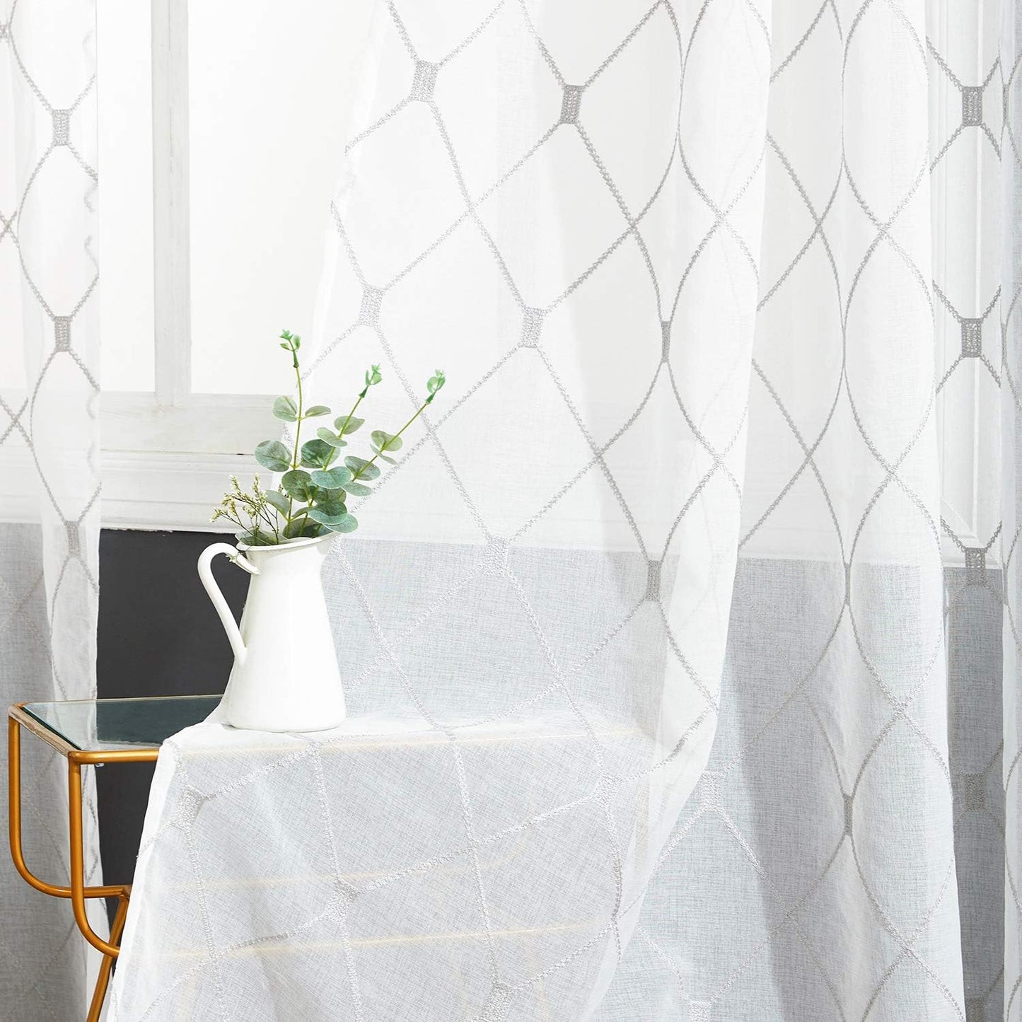 Embroidered Diamond Grommet Sheer Curtains