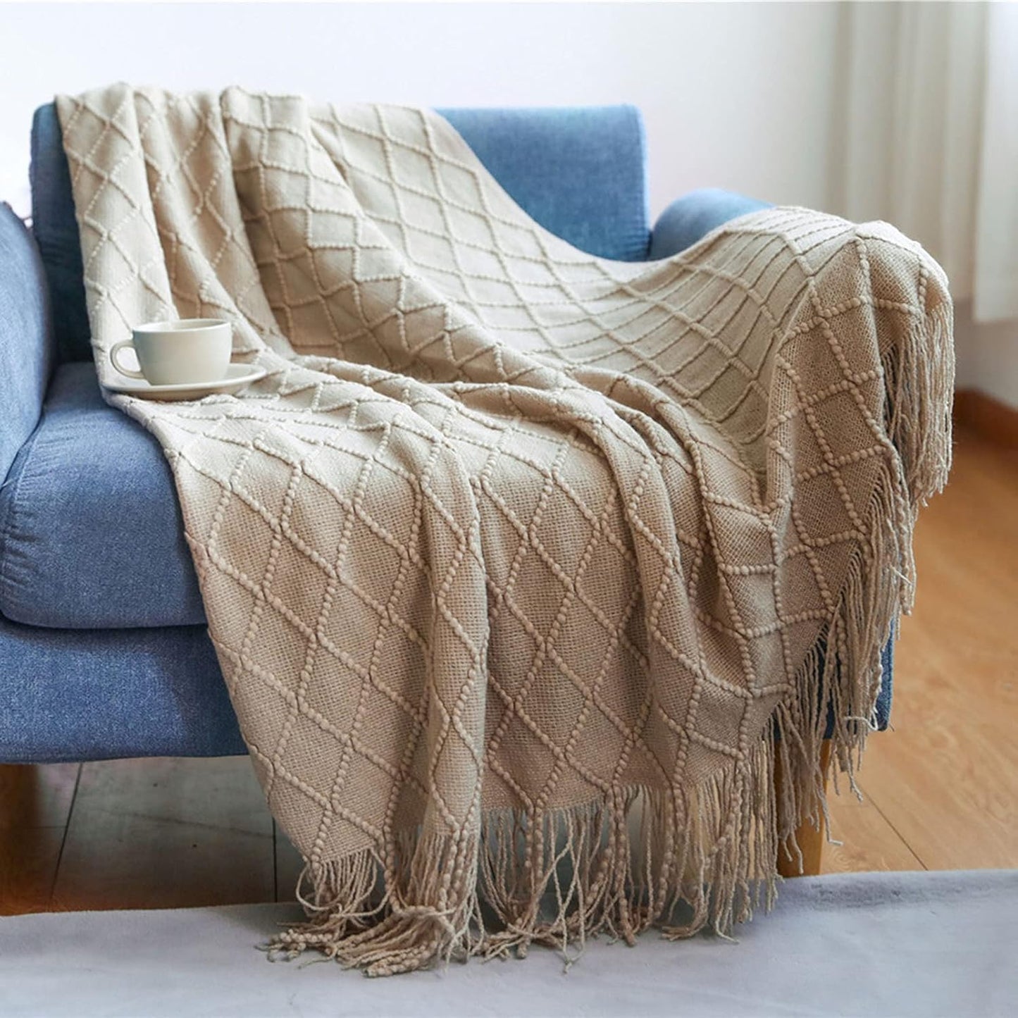 Geometric Acrylic Knitted Throw Blanket | Fringe-Knit Design