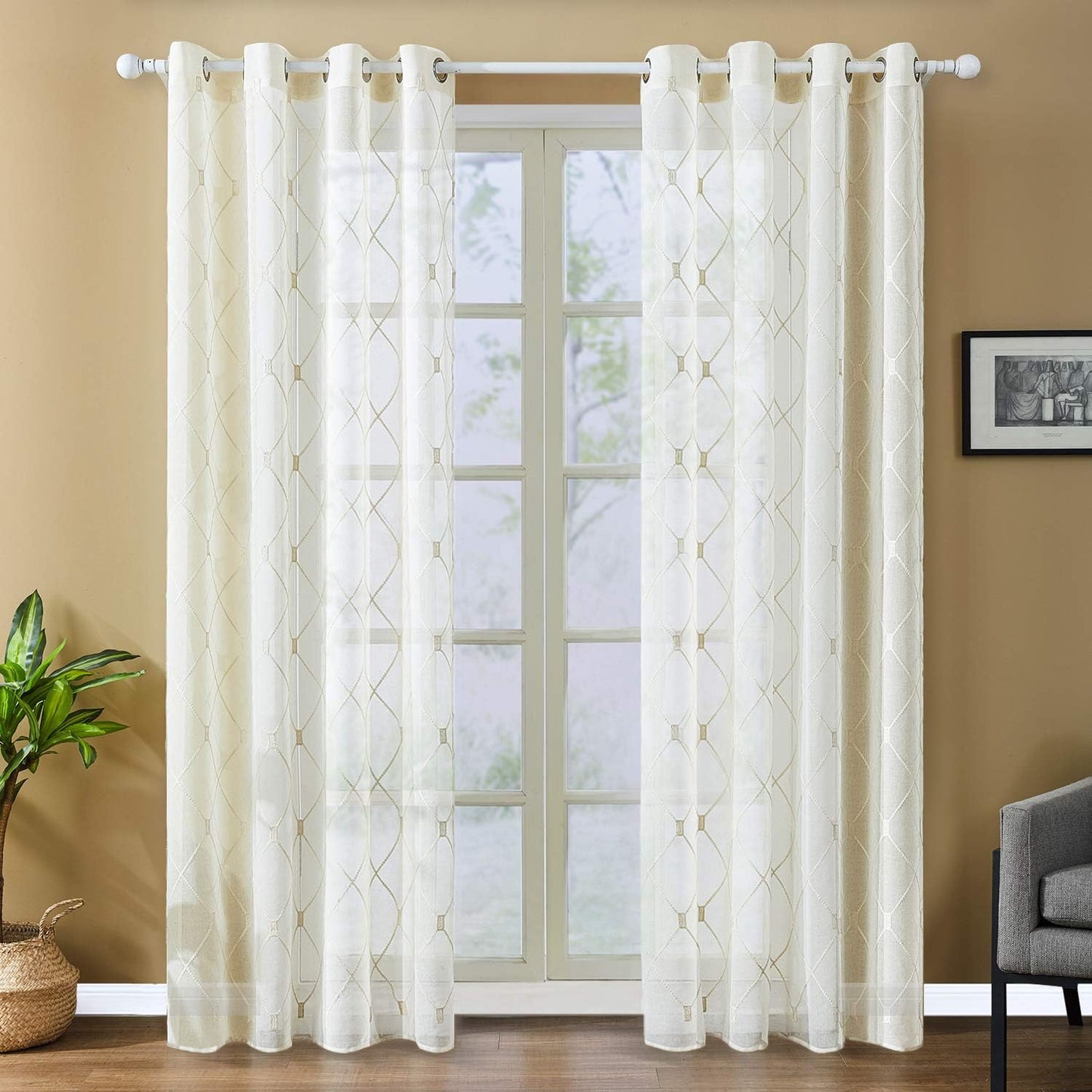 Embroidered Diamond Grommet Sheer Curtains