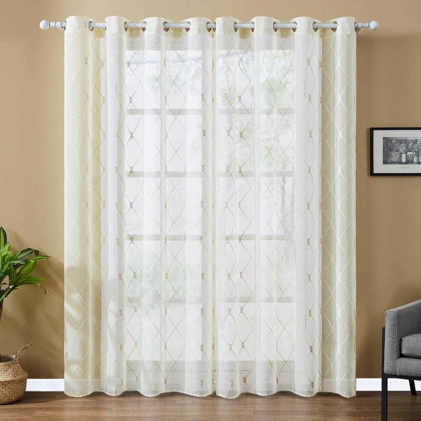 Embroidered Diamond Grommet Sheer Curtains