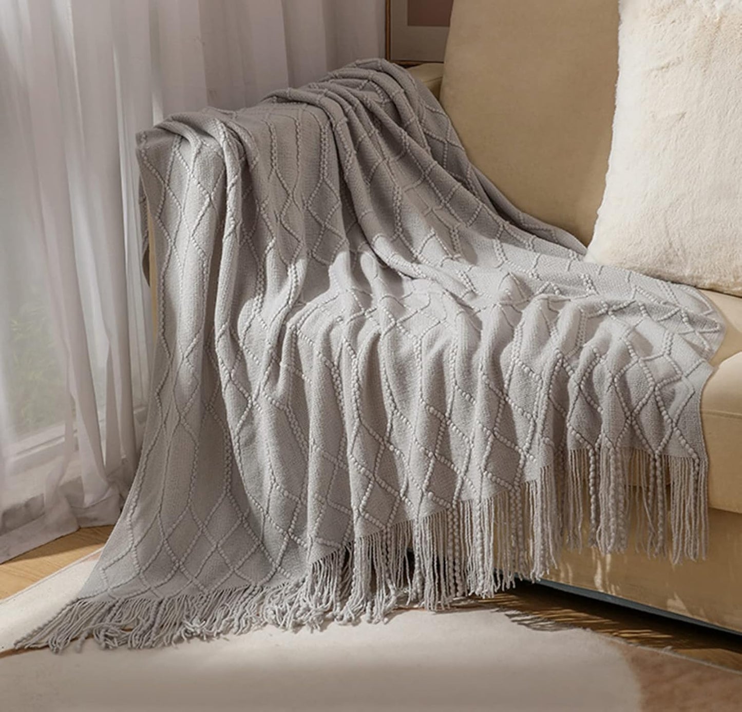 Geometric Acrylic Knitted Throw Blanket | Fringe-Knit Design