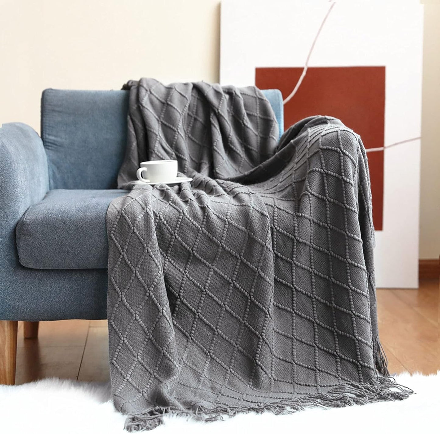 Geometric Acrylic Knitted Throw Blanket | Fringe-Knit Design