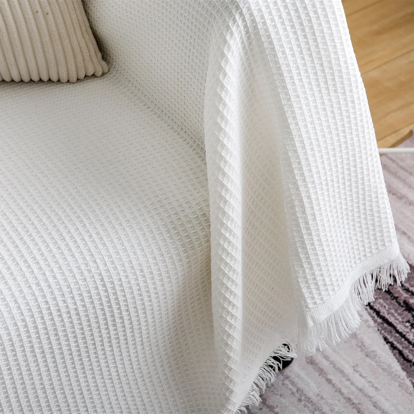 White Knitted Throw Blanket | Waffle Design