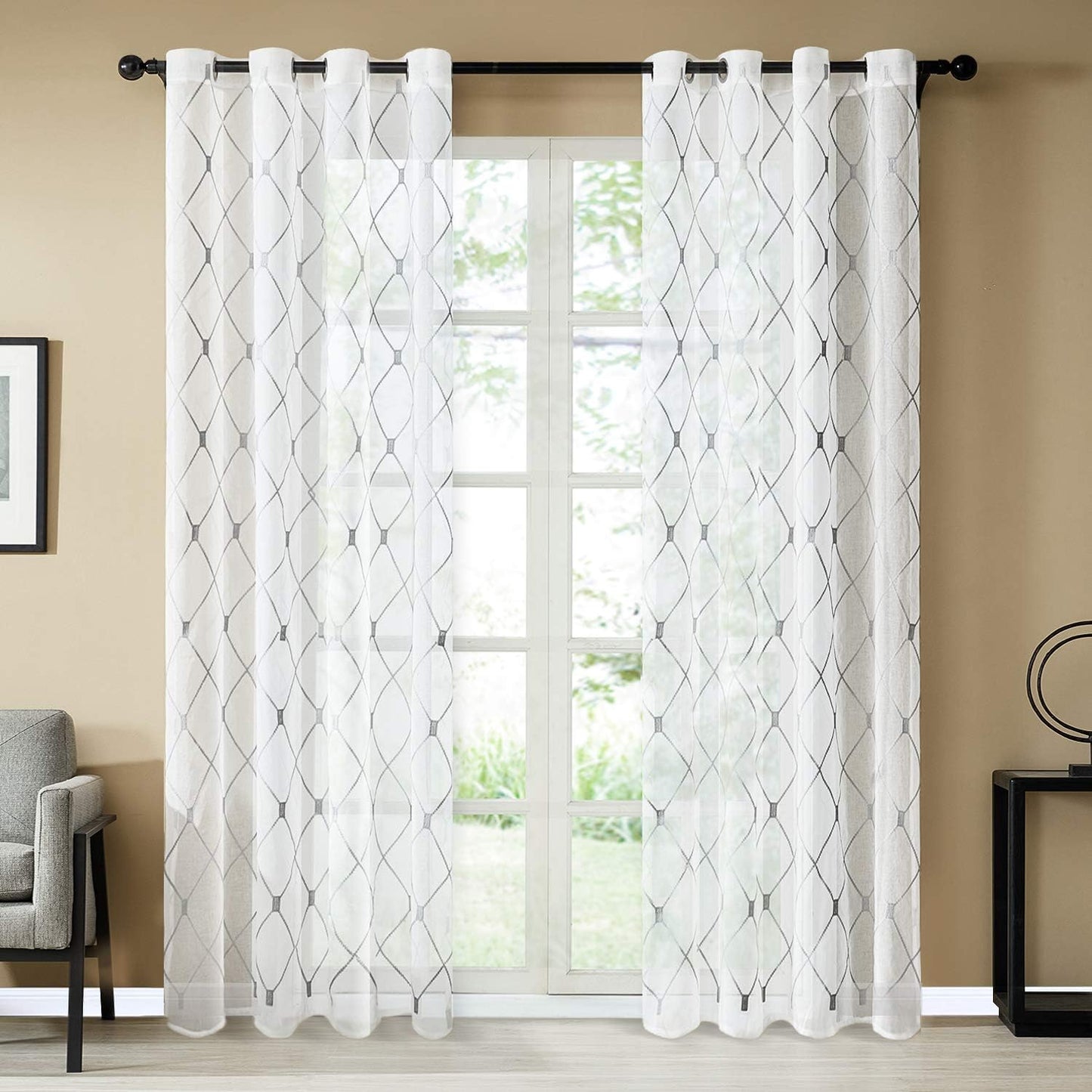 Embroidered Diamond Grommet Sheer Curtains